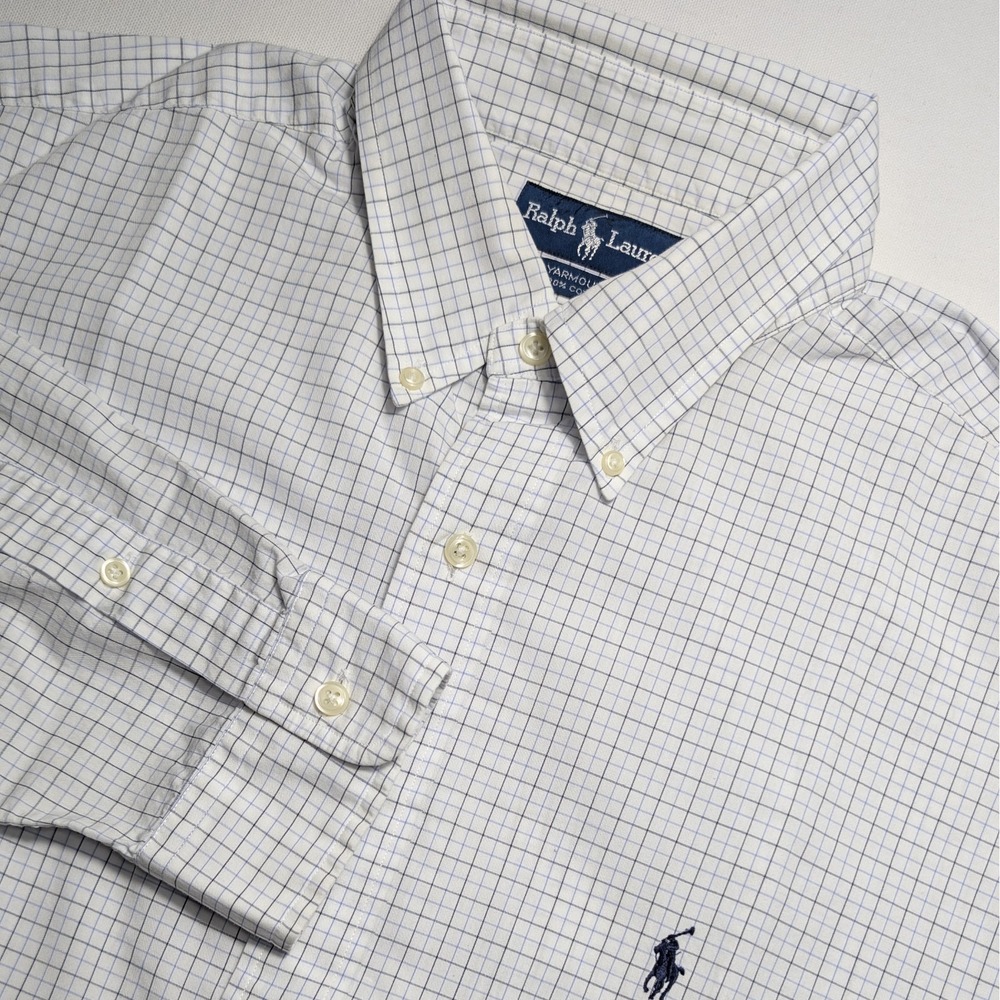 Ralph Lauren 17/35 White‎ Blue Plaid Yarmouth Preppy Office Button Down Shirt